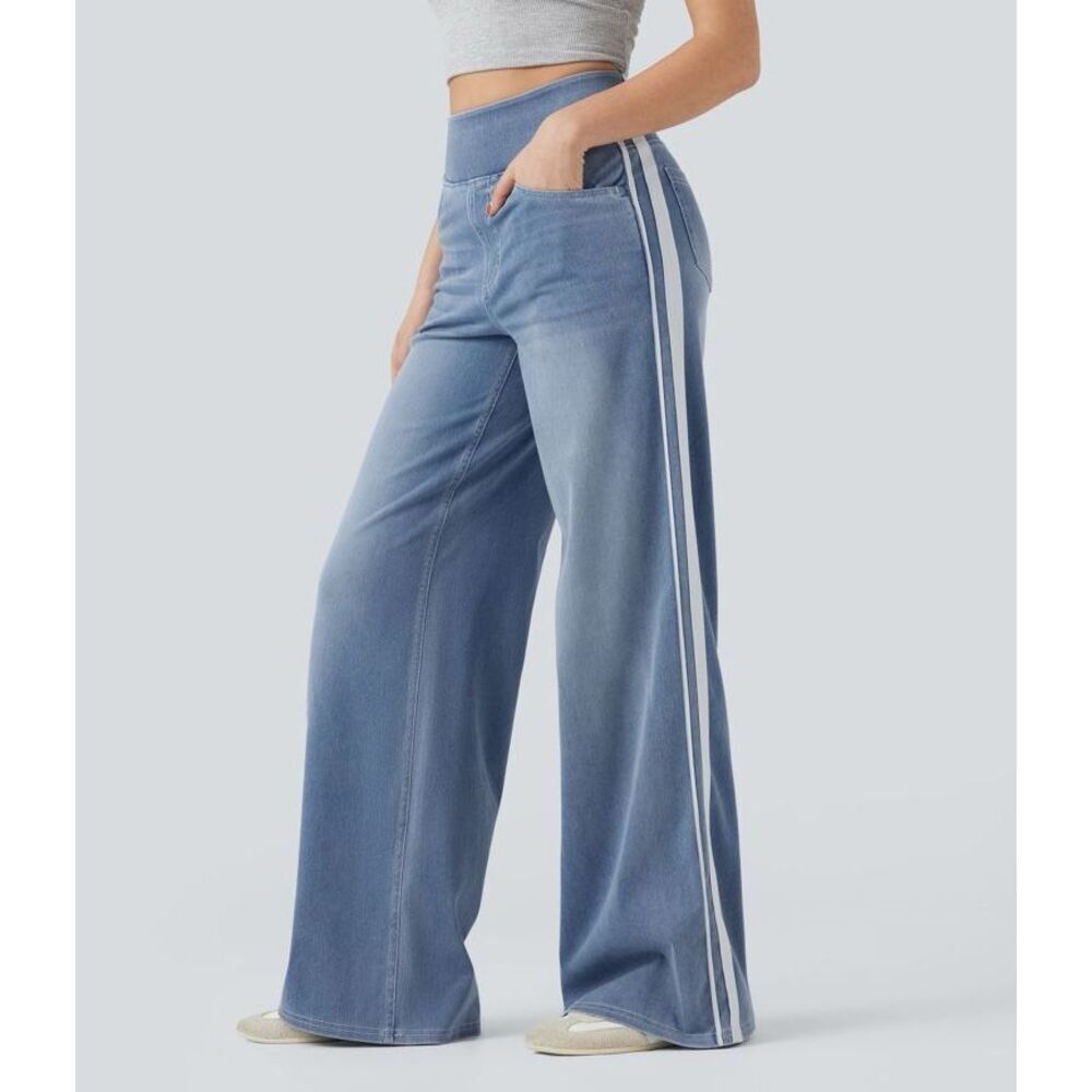 Halara Stretchy High Waisted Wide Leg Stripe Jeans Lightweight Powder Blue L NWT